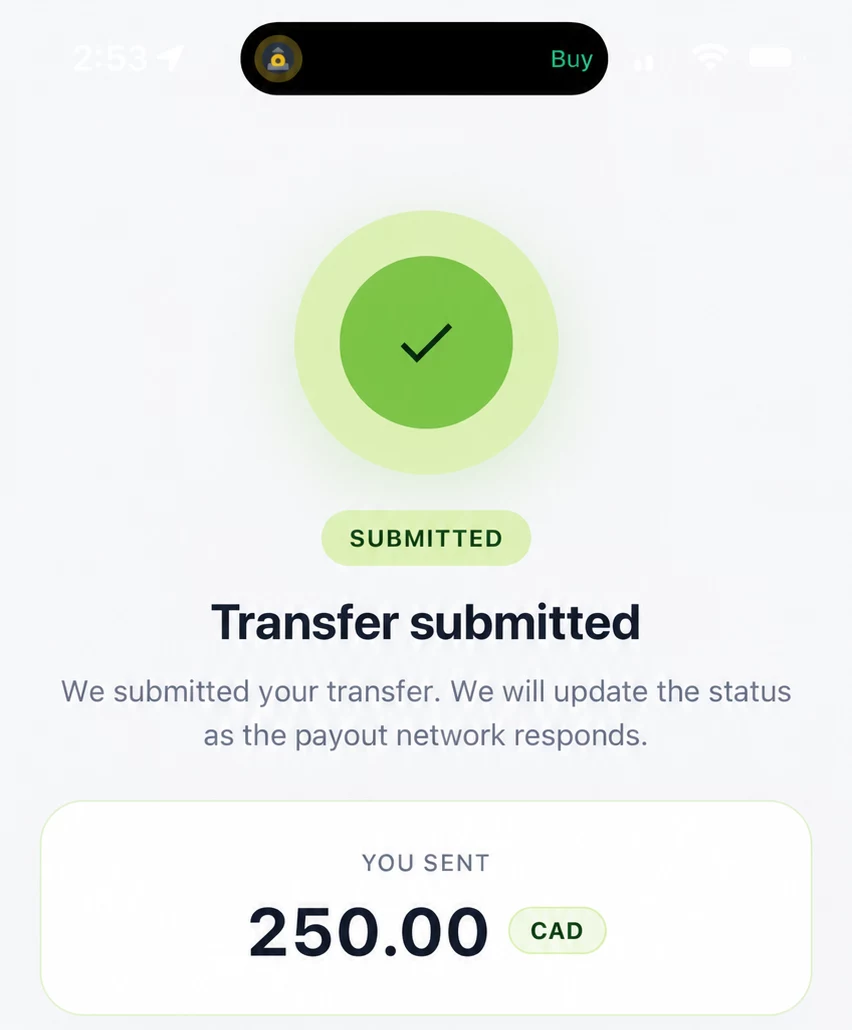 The Paysavo app confirming a completed transfer